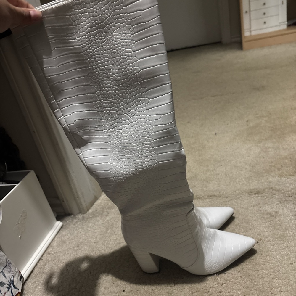 below the knee boots, white pleather crocodile pattern, scuffs and wear